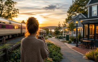 woman with coffee and train