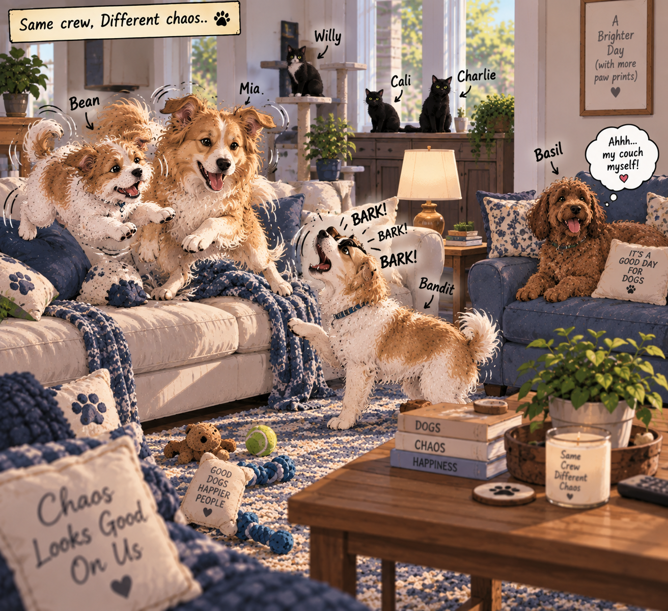 Bandit barking at Bean and Mia